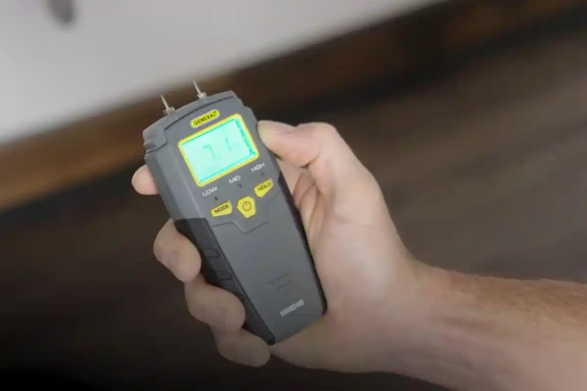 Moisture meter reading used during a mold inspection in a Westbury NY home